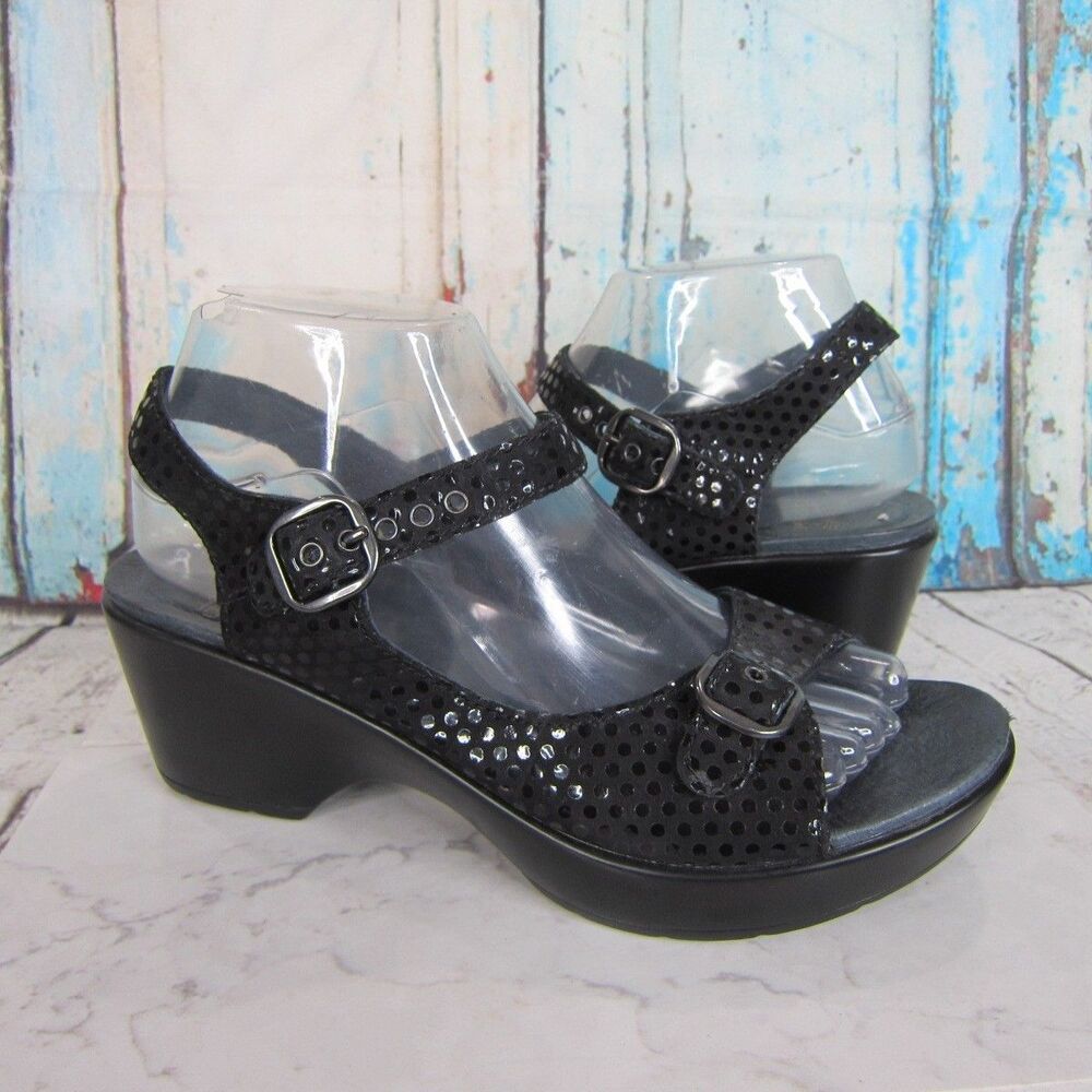Dansko Joanie Dots Black Leather Wedge Sandals Buckle Straps EUR 38 US 8